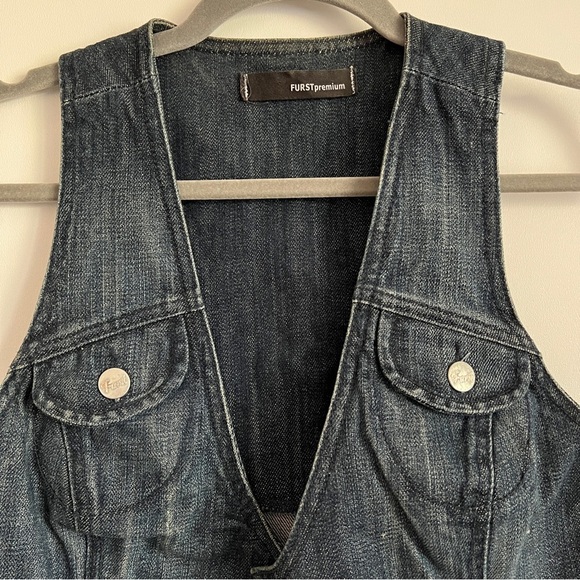Vintage Y2K Furst Premium Denim Vest Button Front-Size 4 Utility Cargo Style - Picture 2 of 14